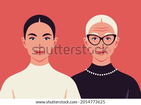 A grandmother and granddaughter.  The faces of a young and elderly women. The aging process. Latin American ethnicity. Vector flat Illustration