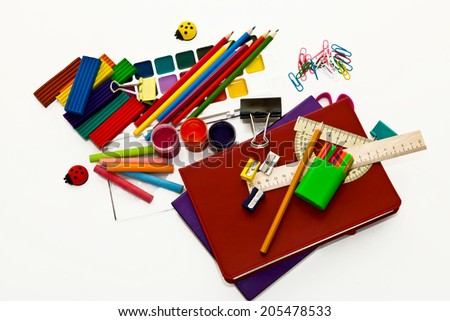 School supplies on a white background. For school, for learning and creativity