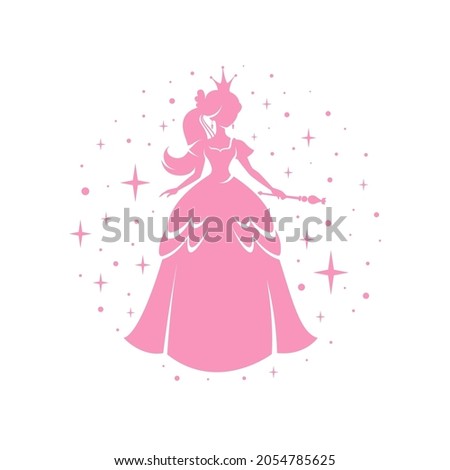 Princess pink silhouette in beautiful dress with magic wand. Dots and sparkles. Charming fairy tale girl. Cartoon vector illustration. Fantasy nurcery design element or child accessories, fabric print