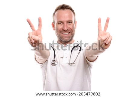 Happy male doctor making a victory gesture to show that surgery or treatment of a patient has been successful and there is hope for a full recovery, isolated on white