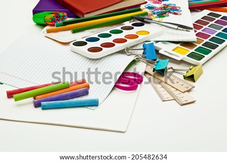 School supplies on a white background. For school, for learning and creativity