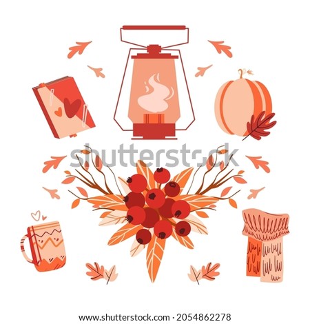 Cozy autumn set of vector elements. Fall things mug, knitted scarf, book. Pumpkin and lantern. Bunch of red rowan berries with autumn leaves. Beautiful illustrations for prints, scrapbooking