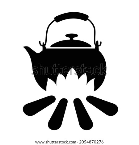Kettle silhouette on fire, water boiling, fire and firewood graphics in black on white background.