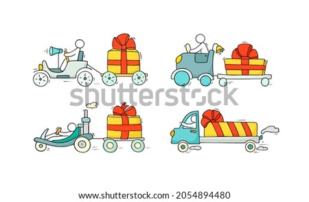 Cartoon christmas icons set of sketch working little people with holiday symbols. Doodle cute miniature scenes of workers about winter. Hand drawn vector for christmas and new year celebration.