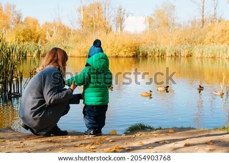 Back view of young mother with her baby feeding duck on the lake in nature, copy space. Mom holding her little son by hand on autumn walk, outdoors. Motherhood, parenting. Royalty-Free Stock Photo #2054903768