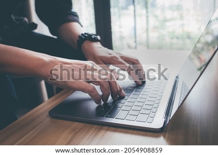 Data search technology search engine optimization with blank search bar, man hands working with laptop computer Searching  internet data information.
