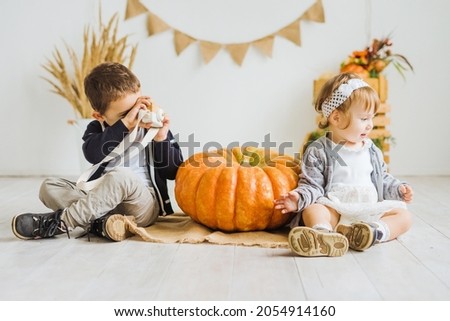 Little brother and sister are sitting on the floor next to a large pumpkin. Children's photo zone in autumn style with pumpkins. The boy takes pictures of his sister with a toy camera.
