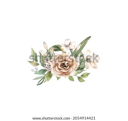 Wreath brown set with flowers and leaves. Watercolor bouquet for greeting, invite, wedding card. Isolated clipart white background