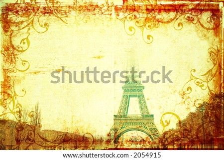 Eiffel Tower with top hiding in clouds view from Champs-de-Mars, winter, Paris, France on grunge background designed by me