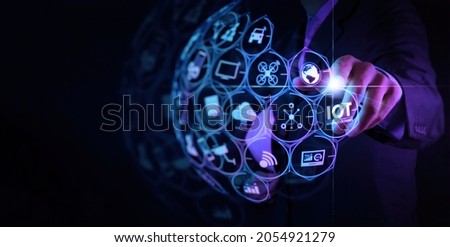 Digital transformation,IOT Internet of things Digital transformation Modern Technology concept businessman select the abstract chip with text IoT on the virtual display on virtual screen. Royalty-Free Stock Photo #2054921279