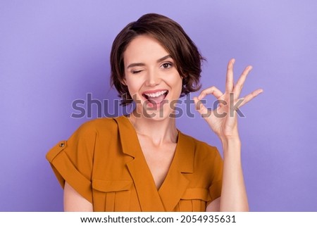 Photo of young woman happy positive smile wink eye show okay alright sign choice isolated over violet color background