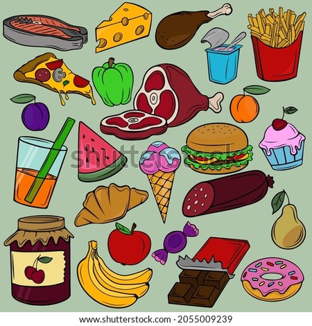 set of vector drawings of different food