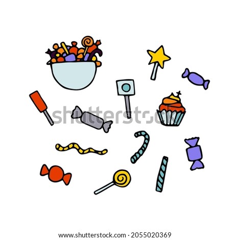 Doodle vector festive cute sweets Set. Color candy, cupcakes, cakes, candies, peppermint sticks isolated on white background. Hand-drawn dessert for kids party, Halloween, Easter, birthday, Christmas
