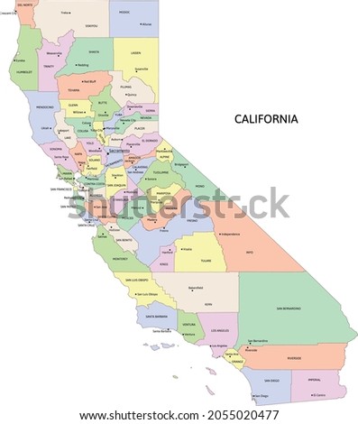California state administrative map with counties and seats. Colored. Vectored Royalty-Free Stock Photo #2055020477