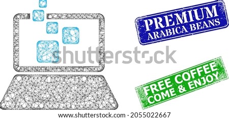 Mesh digital computing model, and Premium Arabica Beans blue and green rectangular rubber seals. Mesh carcass illustration created from digital computing icon.