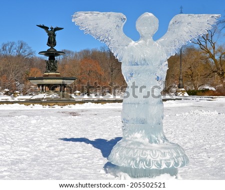 Ice angel in Central Park, Manhattan, New York. USA.