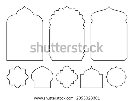 Set of oriental style windows and arches. Outline vector illustration