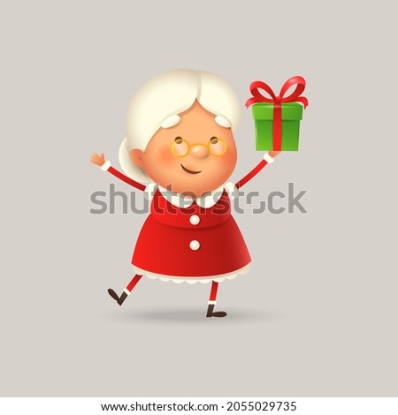 Cute and happy Mrs Claus with gift - vector illustration isolated