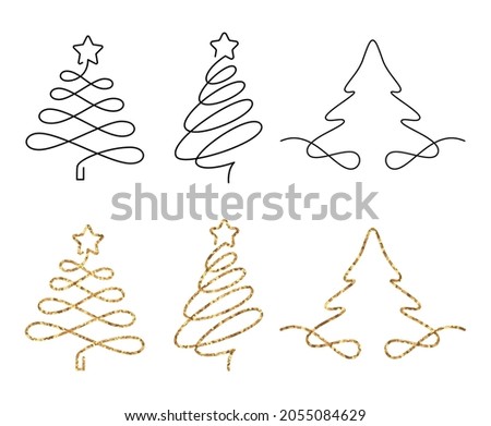 Christmas trees in one line drawing style. Set of fir trees with editable strokes and glitter effect. 