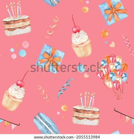 Pattern made from a set of watercolor vintage illustrations on the theme of birthday. Cake, cupcake, macaroon, balloons, confetti and a gift. Isolated on a pink background. For your design.