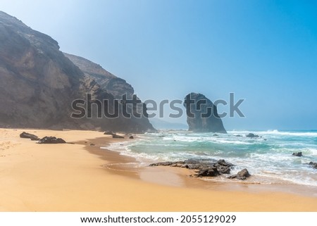 Roque Del Moro from Cofete beach in the Jandia natural park, Barlovento, south of Fuerteventura, Canary Islands. Spain