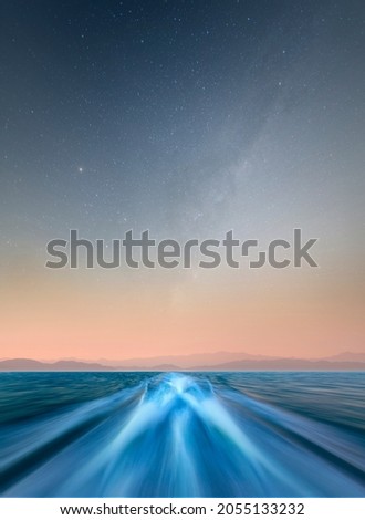 Wake to the cosmos and beyond. composite image great for infographics  as a background, wake and stars, showing a path to follow