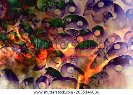 halloween abstract background, skull mushrooms, gloomy october holiday, unusual background with fire