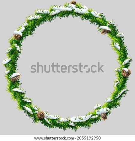 Thin christmas wreath with pinecones and snow. Round frame of pine branches isolated on gray background