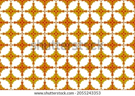 Geometric folk ornaments Ikat gold-brown floral pattern, Aztec-style seamless tribal fabric pattern, tribal embroidery, fabric print, gold floral pattern, white background.