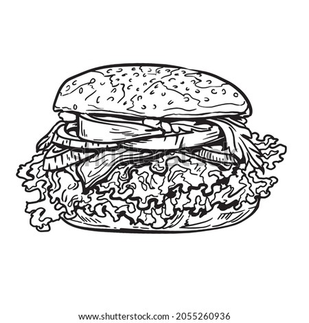 Hamburger hand drawn vector illustration. Ink graphic line art. Outline sketch for markets, shops. Clip art Poster for print. Coloring page. Isolated on white background