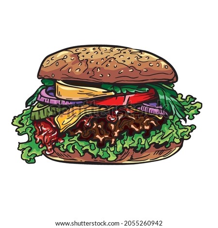 Colorful hamburger hand drawn vector illustration. Burger, big mak ink graphic line art. Outline sketch for markets, shops. Clip art Poster for print. Coloring page. Isolated on white background