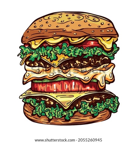 Colorful hamburger hand drawn vector illustration. Burger, big mak ink graphic line art. Outline sketch for markets, shops. Clip art Poster for print. Coloring page. Isolated on white background