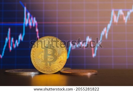 Golden bitcoin coin and digital stock market graph bar background. Chart shows a strong increase of bitcoin. Investing in virtual assets, bitcoin coin, digital money, Crypto currency. Royalty-Free Stock Photo #2055281822