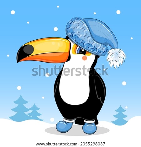 Cute cartoon toucan in a blue hat and boots. Winter bird vector illustration on blue background with snow and trees.