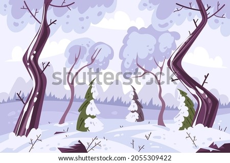 Winter forest landscape nature cartoon hand drawn illustration