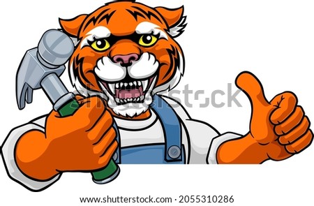 A tiger cartoon animal mascot carpenter or handyman builder construction maintenance contractor peeking around a sign holding a hammer 
