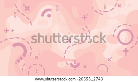 Colorful light background with flowing shapes and geometric elements. Crosses, pluses, lines, dotted lines. Abstract modern design. Vector illustration.