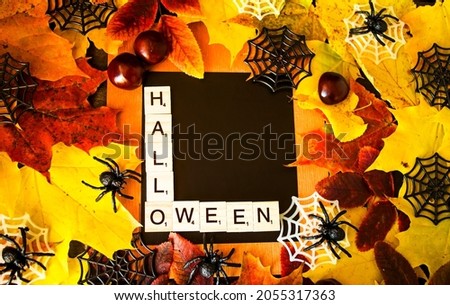 Happy autumn holiday Halloween concept.  Colored background decorated with leaves, cobwebs, spiders, chestnuts in the middle, place for text.  Photo view from the top.  Baner, postcard poster.