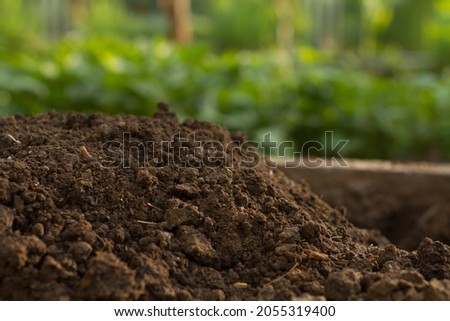 pile of soil mix with compost preparing for planting vegetable, flower and fruit in garden. Royalty-Free Stock Photo #2055319400