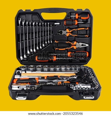 Toolbox, tools kit detail close up. instruments. set of tools. car tool kit. tool set background. instruments for repair Royalty-Free Stock Photo #2055323546