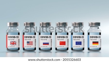 COVID-19 Coronavirus mRNA Vaccine and Syringe with different flags of England, USA, America, Russia, china, Europe, Germany. Concept Image for SARS cov 2 infection pandemic