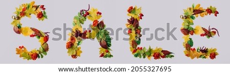 Text SALE made with autumn leaves on beige background