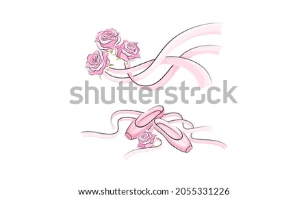 Ballerina accessories set. Pink pointes and rose flowers with bow hand drawn vector illustration