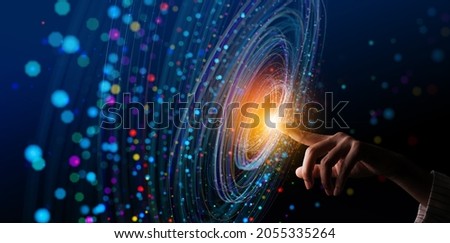 Big Data concept. Digital neural network.Business woman hand touching Introduction of artificial intelligence. Cyberspace of future.Science and innovation of technology. Royalty-Free Stock Photo #2055335264