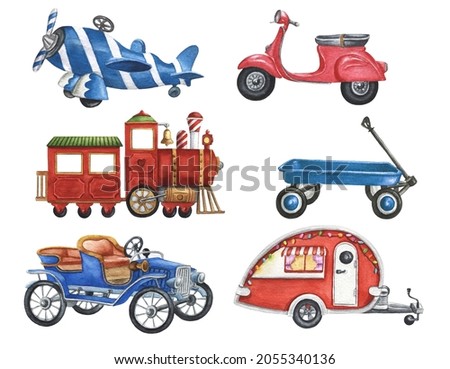 Watercolor Christmas Transport Clipart. Santa's Train, Retro Car, Red Scooter, Wagon, Airplane Illustrations. Camper Clip Art. Perfect for Christmas card, invitations, stickers