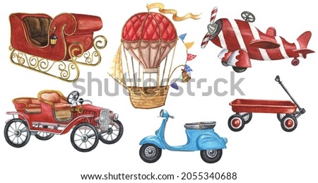 Watercolor Christmas Transport Clipart. Santa's Sleigh, Train, Retro Red Car, Scooter, Red Wagon, Airplane Illustrations. Gifts Clip Art. Perfect for Christmas card, invitations, stickers.