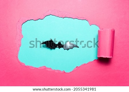 Ripped hole in sheet of pink paper, black bat on blue background.