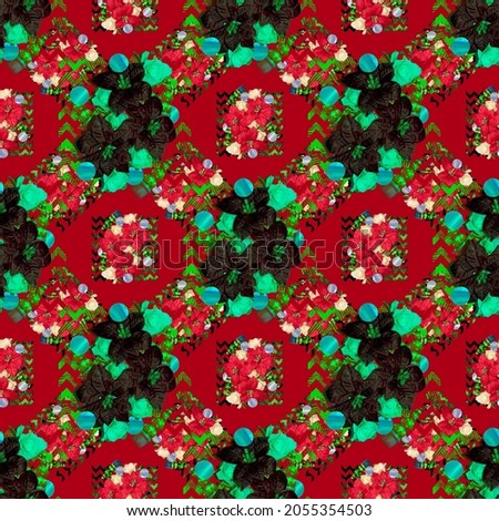 seamless Christmas pattern of collage of poinsettia flowers with roses, chevron, confetti and baubles on a red background for your christmas project