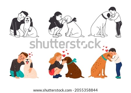 Children puppies friendship. Kids love dogs vector on white, kid look hug cuddle petting and kiss dog, people and pets happy loves lifestyle colorful and monochrome cute cartoon images