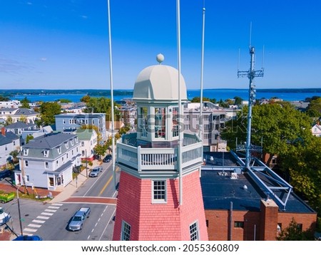 Portland Observatory aerial view at 138 Congress Street on Munjoy Hill in Portland, Maine ME, USA. This observatory is a historic maritime signal tower built in 1807. 